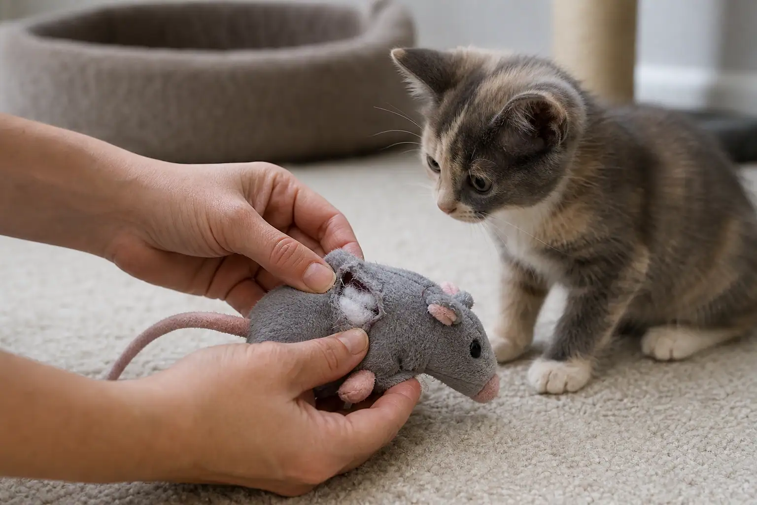 Hands inspecting a kitten chew toy for loose seams and damage