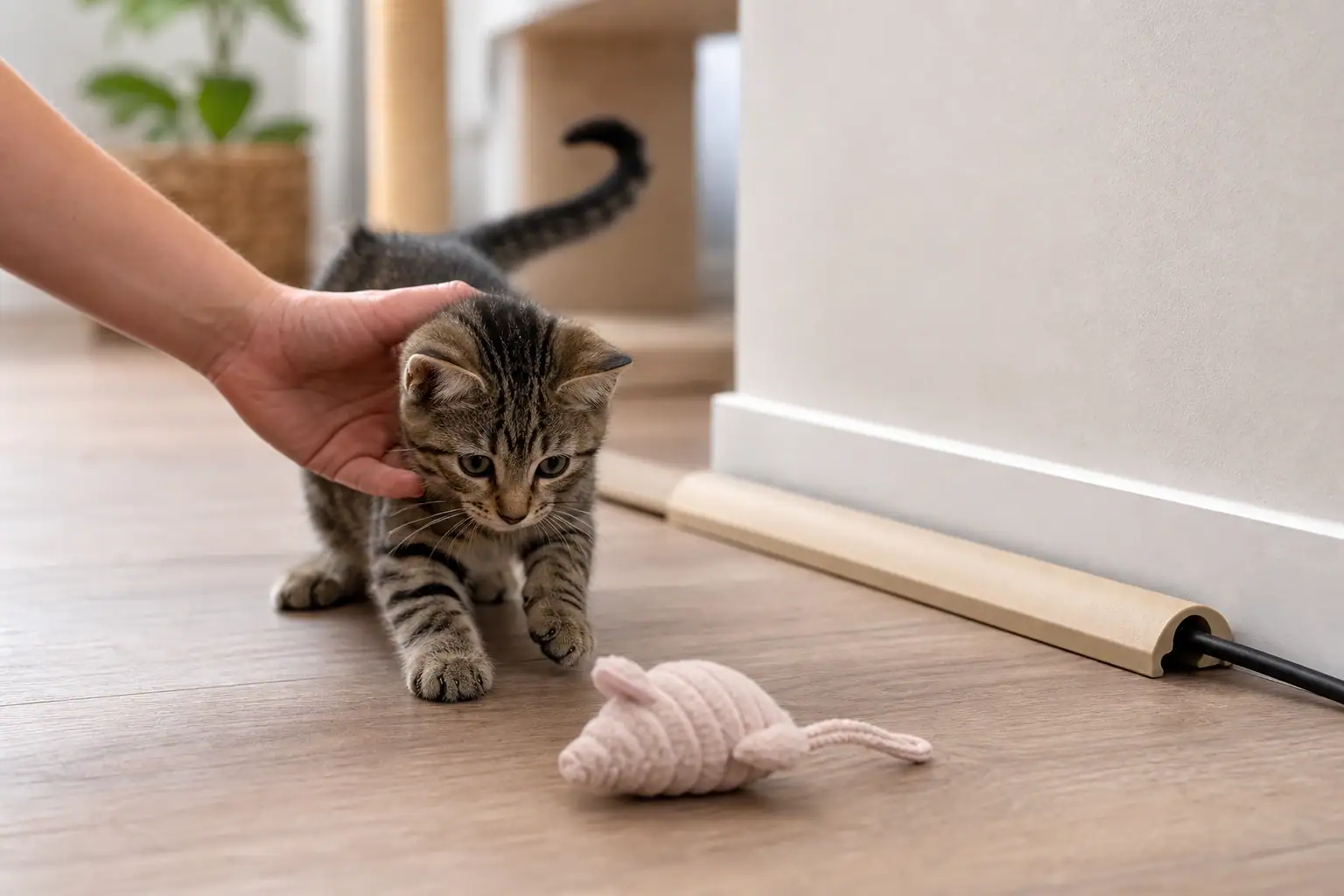 Kitten redirected from a cord to an appropriate chew toy