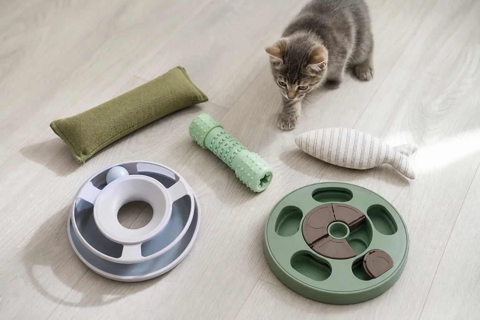 Kitten chew toys arranged by material and size