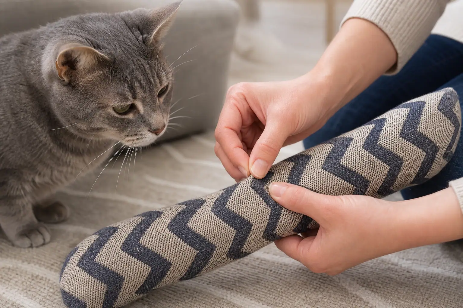 Close view of a cat toy being inspected for loose seams