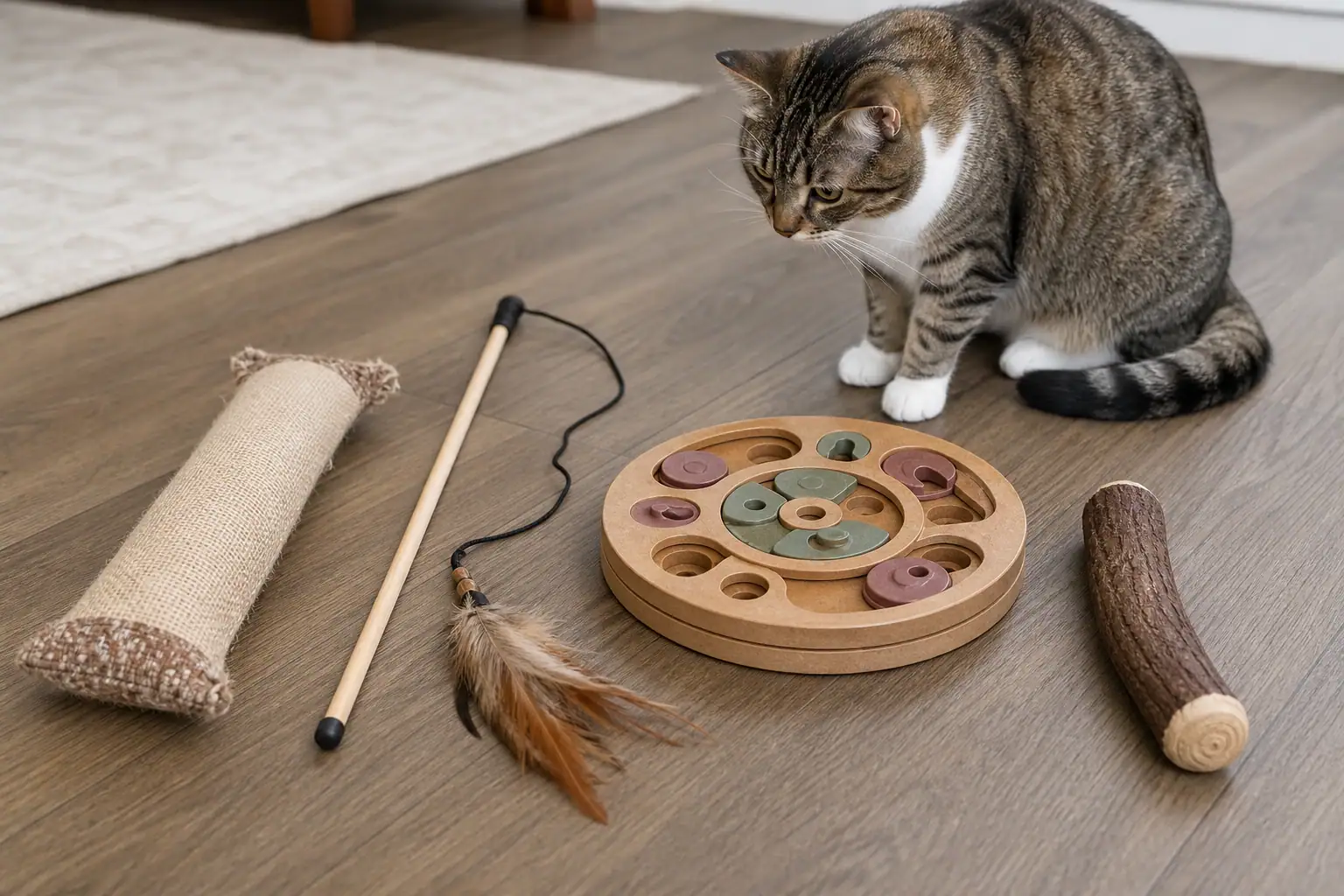 Several different cat toys arranged for toy rotation