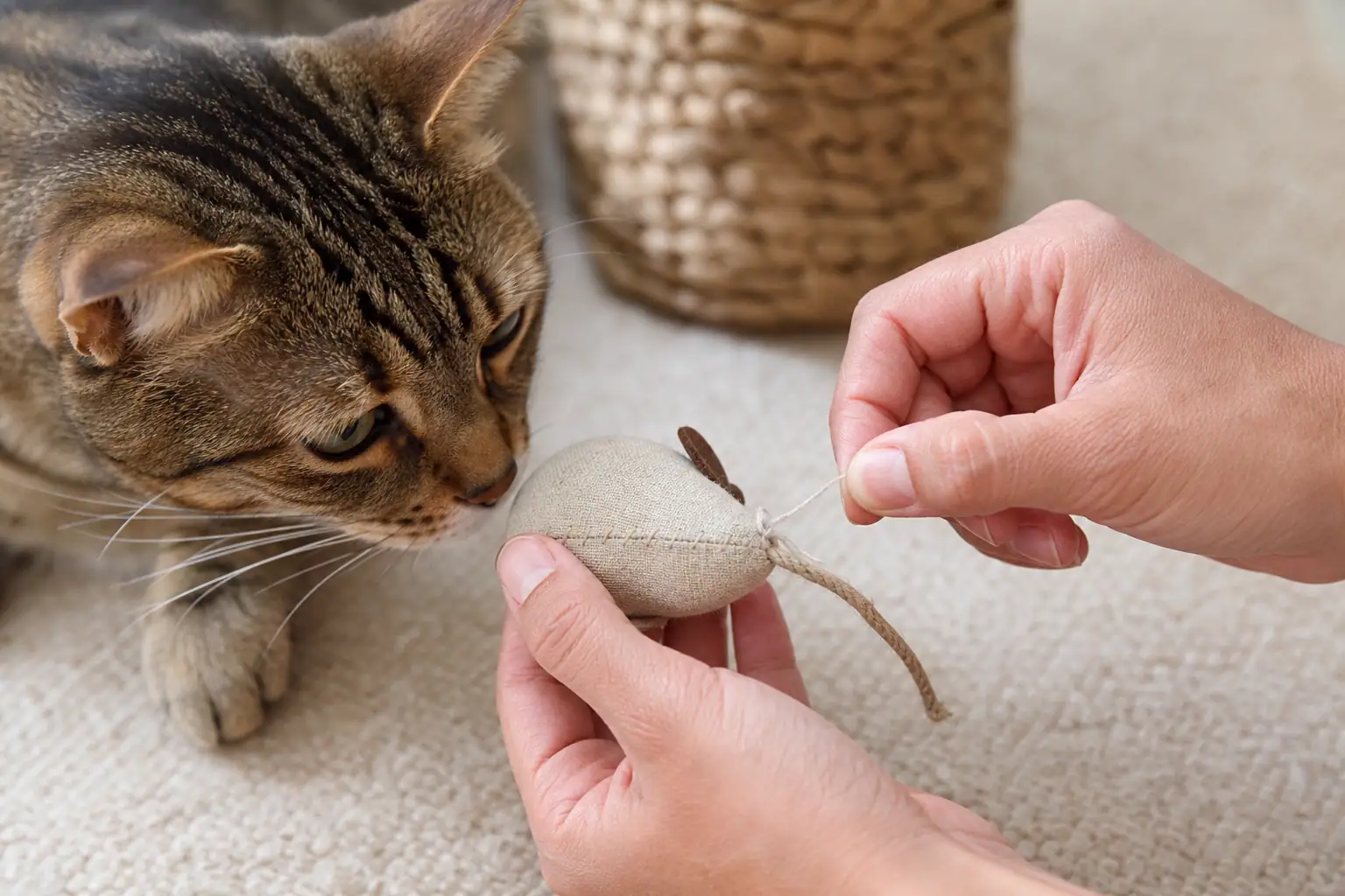 Hands checking a natural fabric cat toy for loose seams and exposed filling
