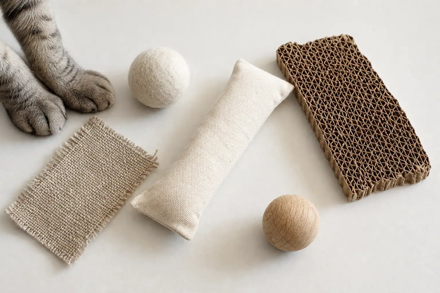 Natural cat toy materials including wool, cotton canvas, hemp fabric, cardboard, and wood