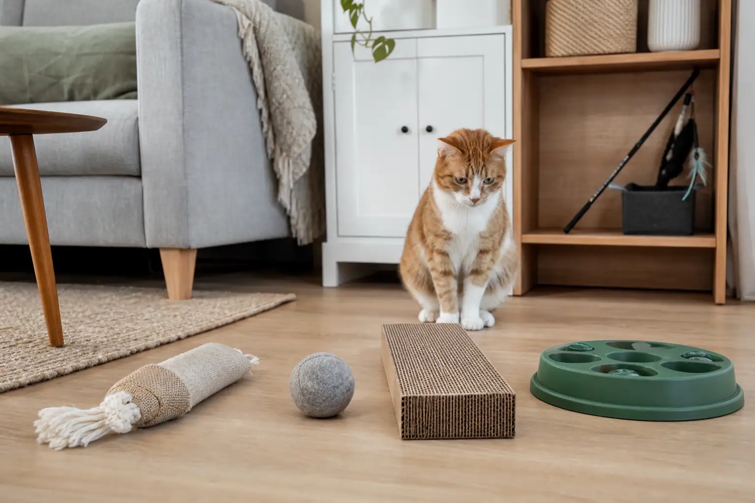 Natural cat toys arranged for a supervised toy rotation