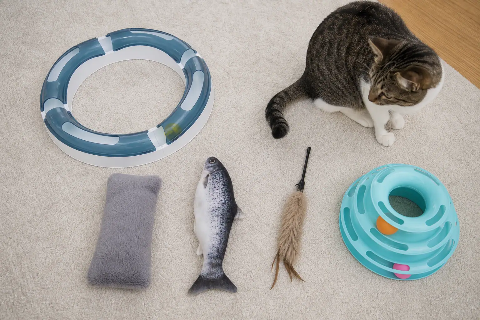 Different cat toy types arranged for comparing electronic toys, kickers, and wand attachments