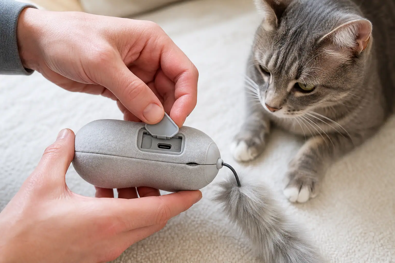 Hands inspecting a cat toy attachment and battery door for wear