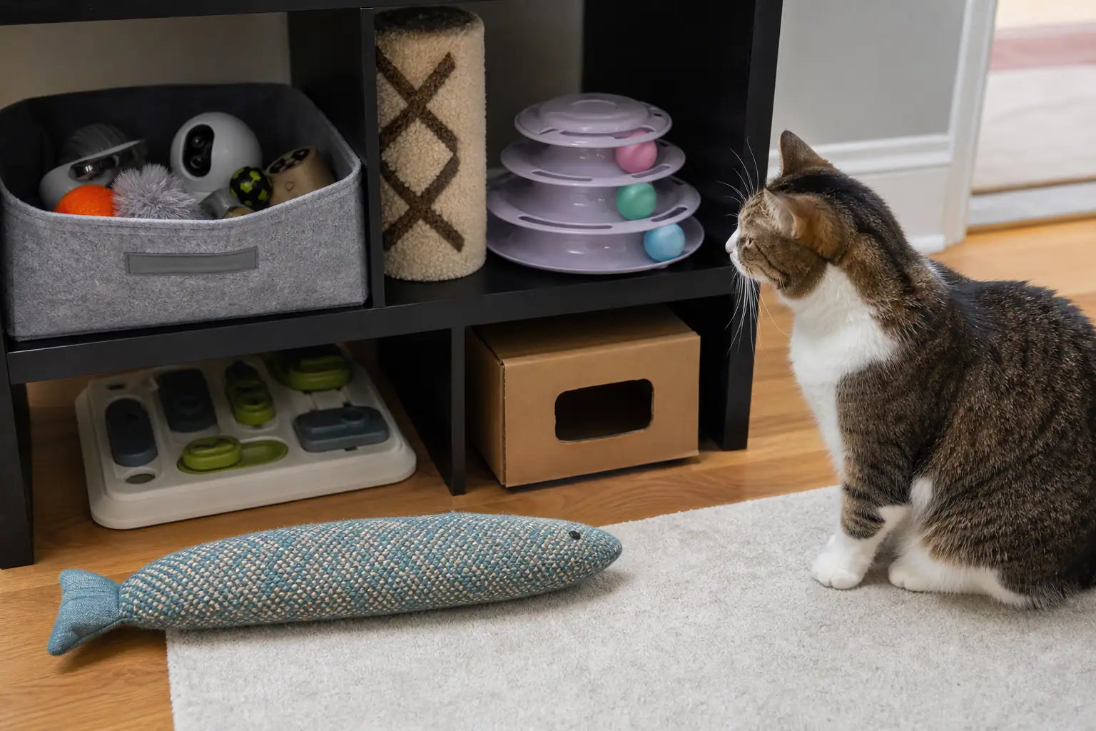 Cat toy rotation with electronic toys stored separately from leave-out toys