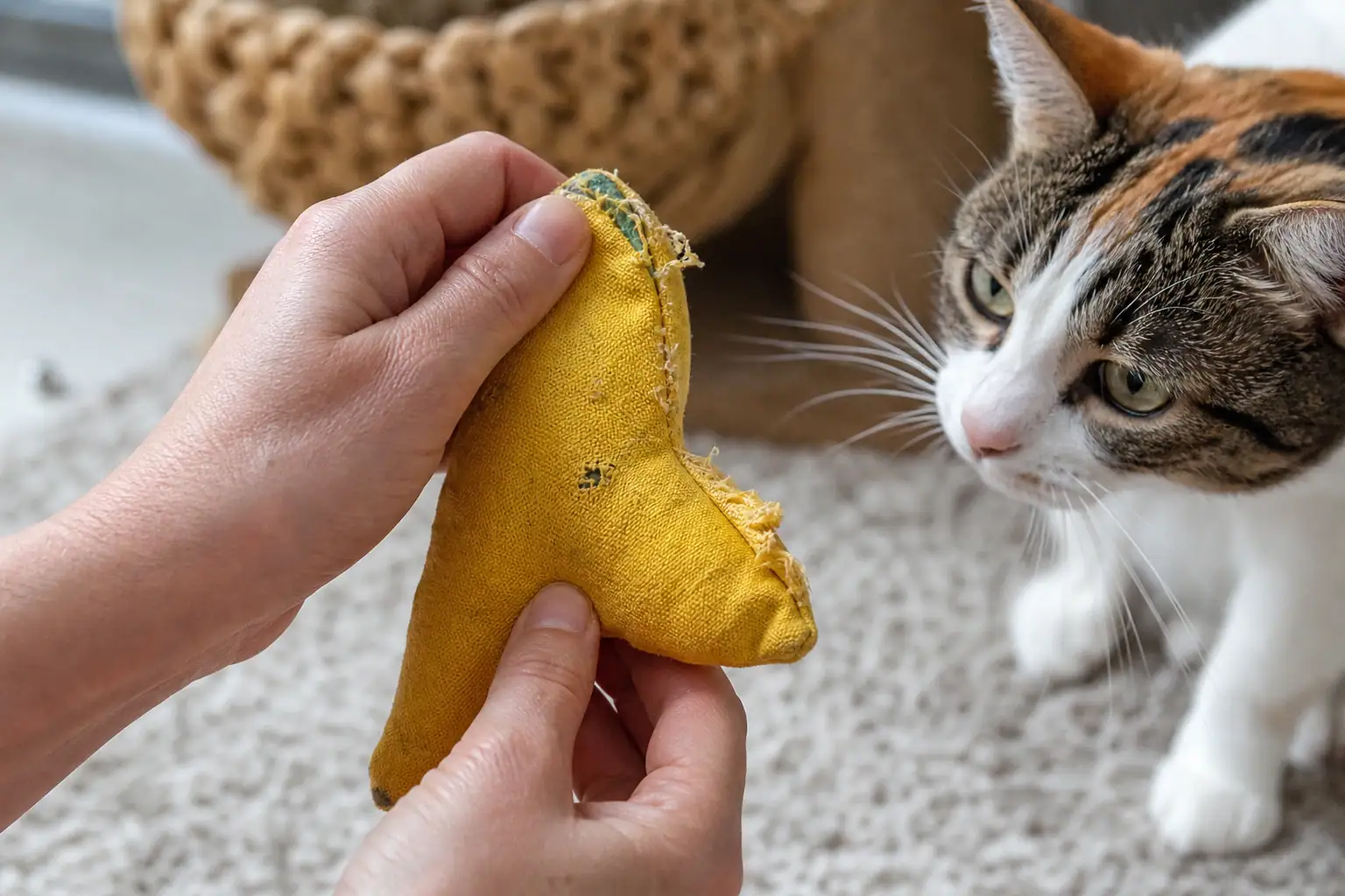 Hands inspecting a fabric catnip toy for seam damage