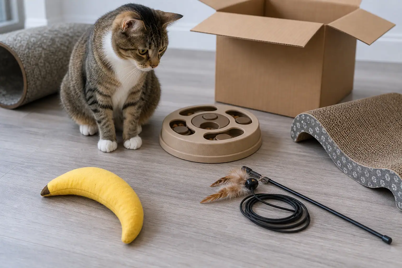 Cat toy rotation with catnip kicker, wand toy, puzzle feeder, and cardboard box