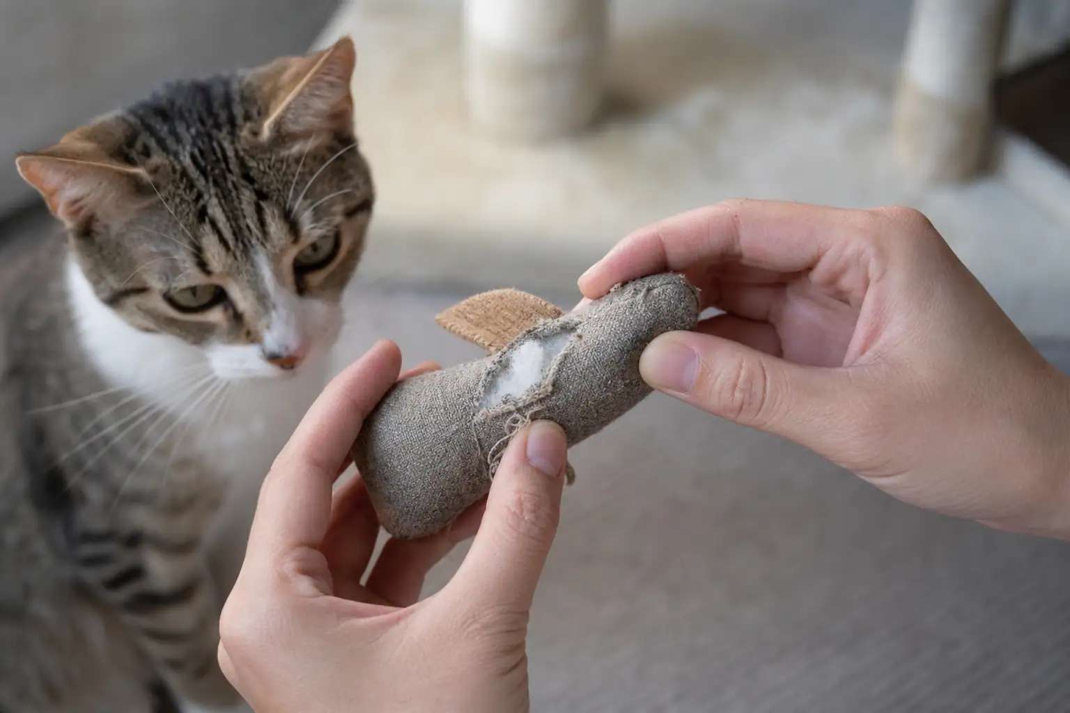 Hands inspecting a cat toy for loose seams after rough play