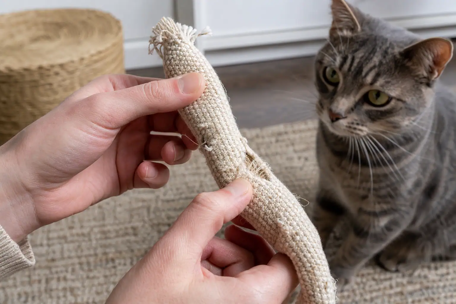 Hands inspecting a textured cat chew toy for fraying and loose seams