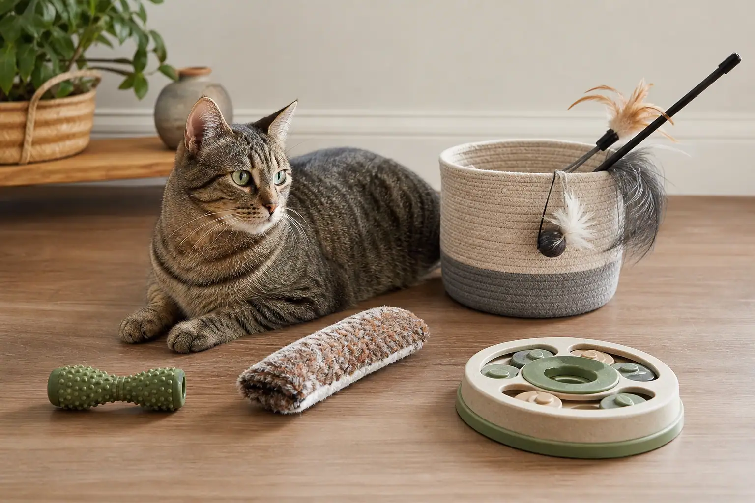 Dental chew toy, kicker toy, and wand toy arranged for a safe cat toy rotation
