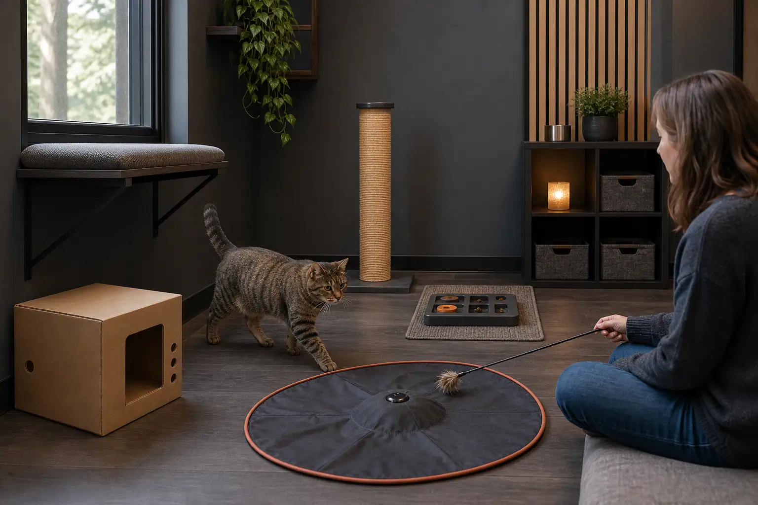 Indoor cat enrichment setup with a perch, hiding box, scratcher, puzzle feeder, and play mat