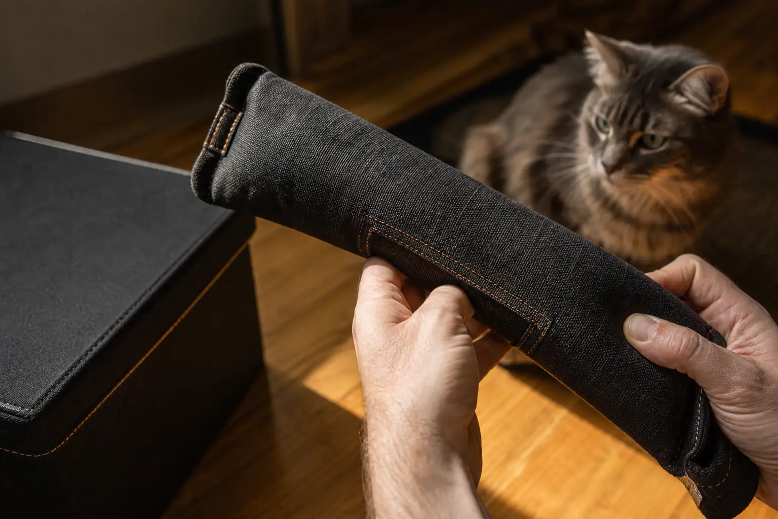 Owner inspecting the seams and surface of a cat toy after rough play