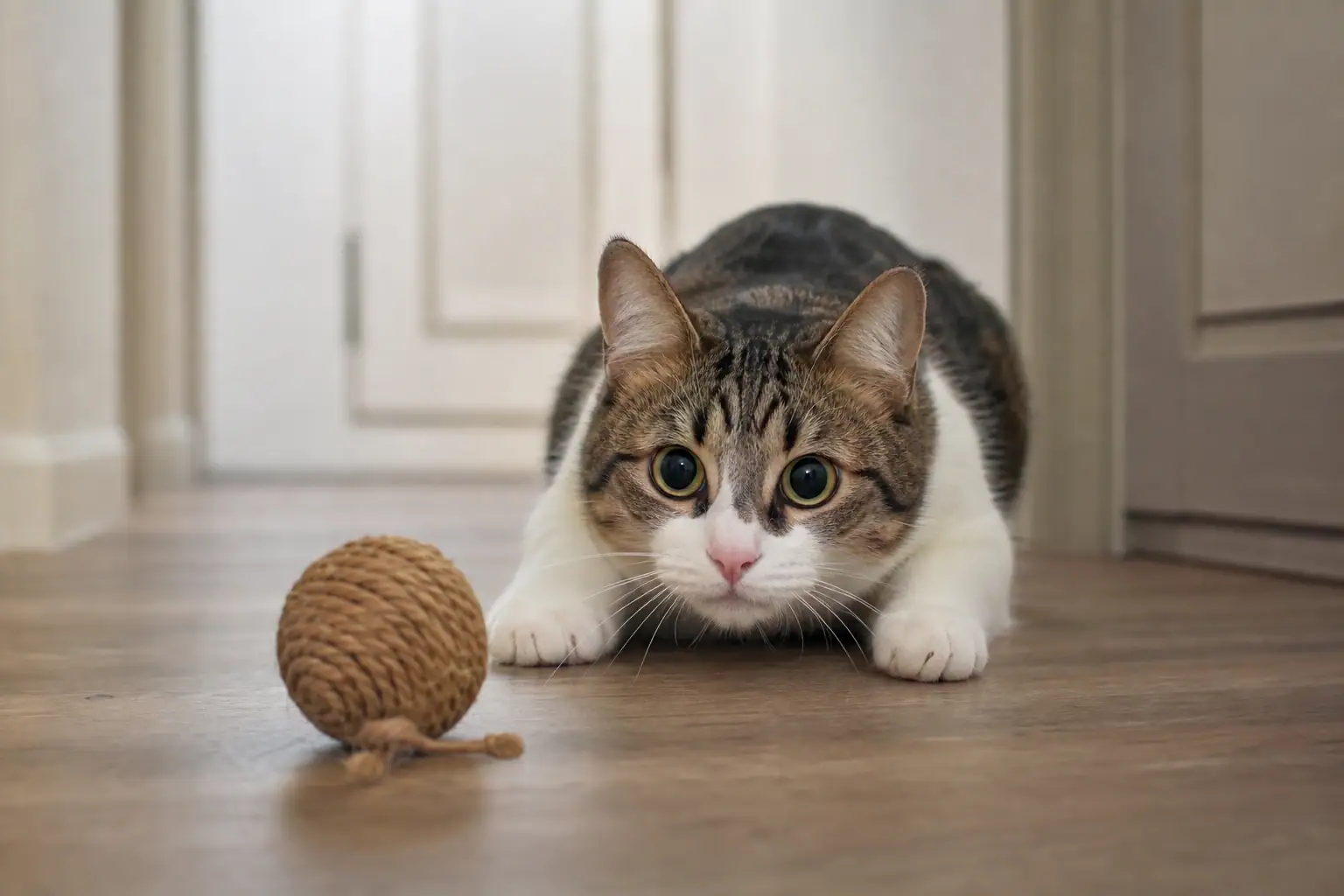 Alert cat crouching near a toy before a play pounce