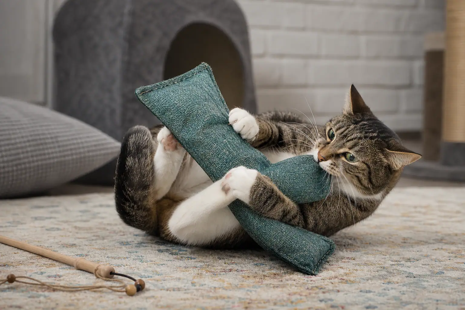 Cat biting a larger fabric kicker toy after chasing a wand toy