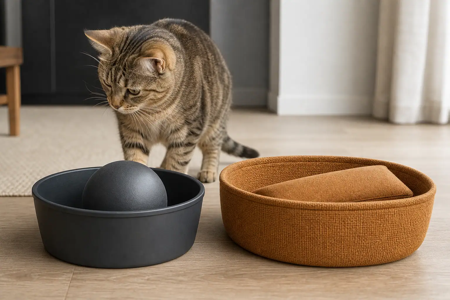 Washable plastic and fabric cat toy bins compared side by side
