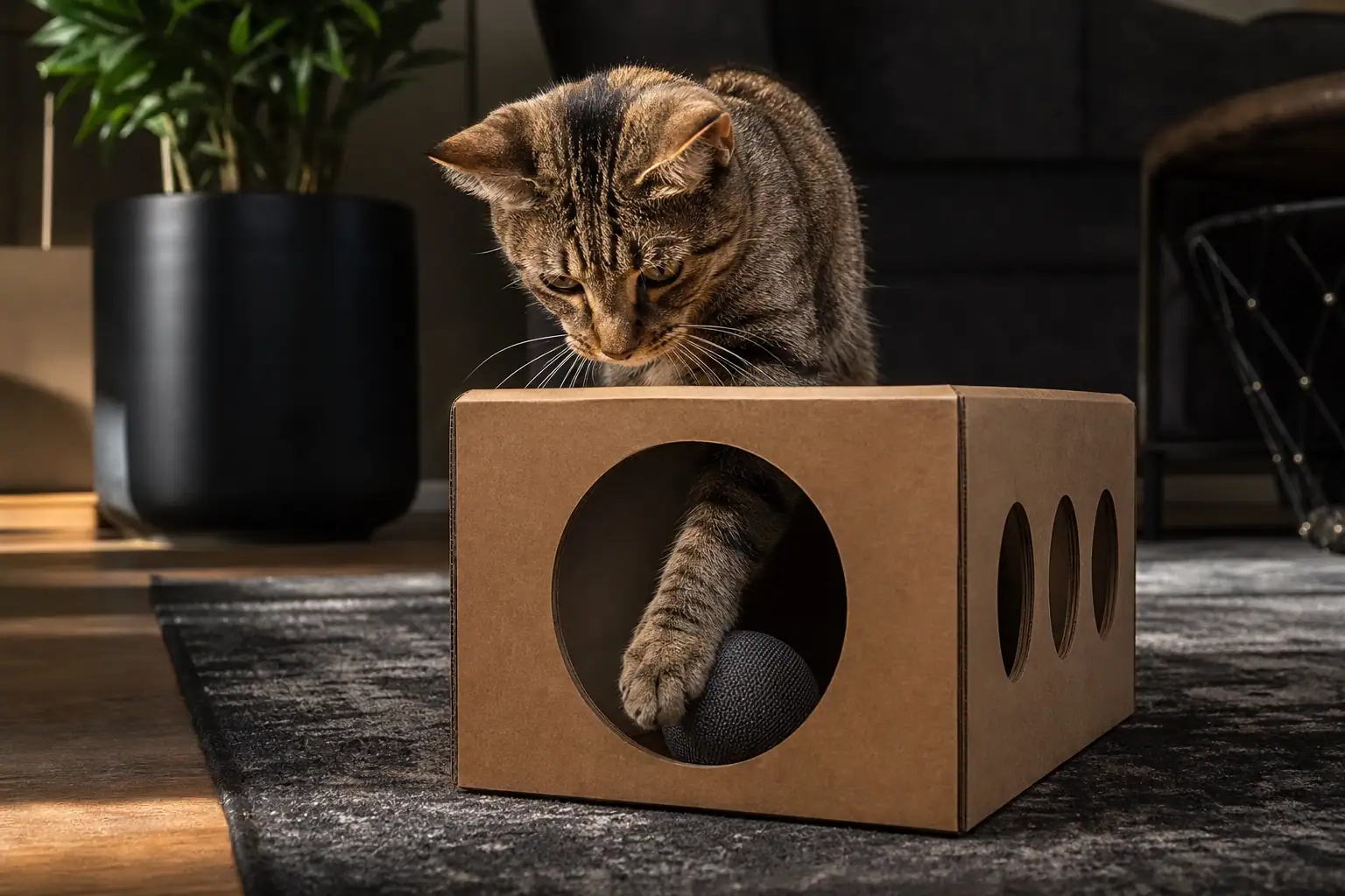 Cat reaching through smooth holes in a sturdy DIY cardboard play box