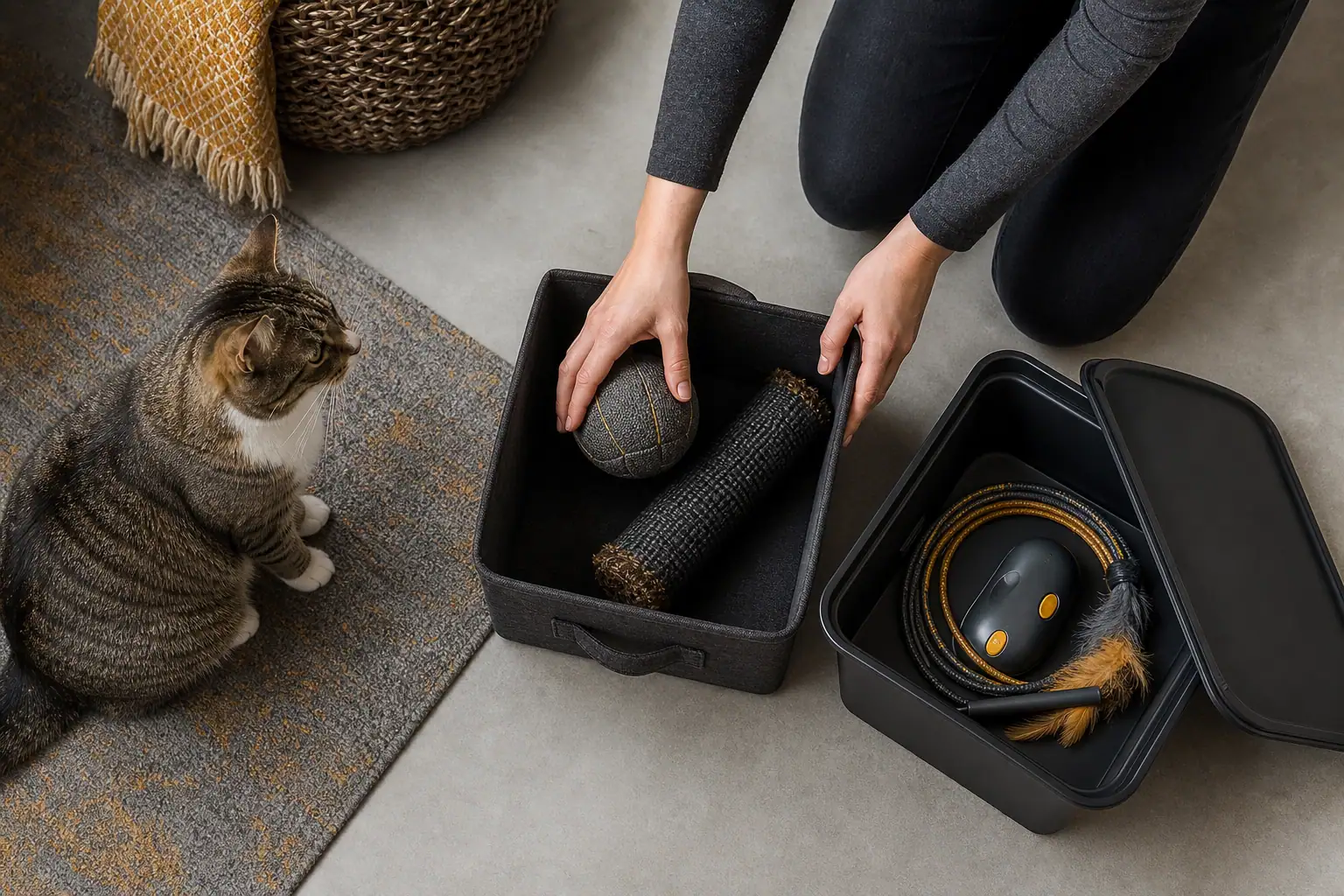 Owner sorting cat toys into an active set and supervised storage
