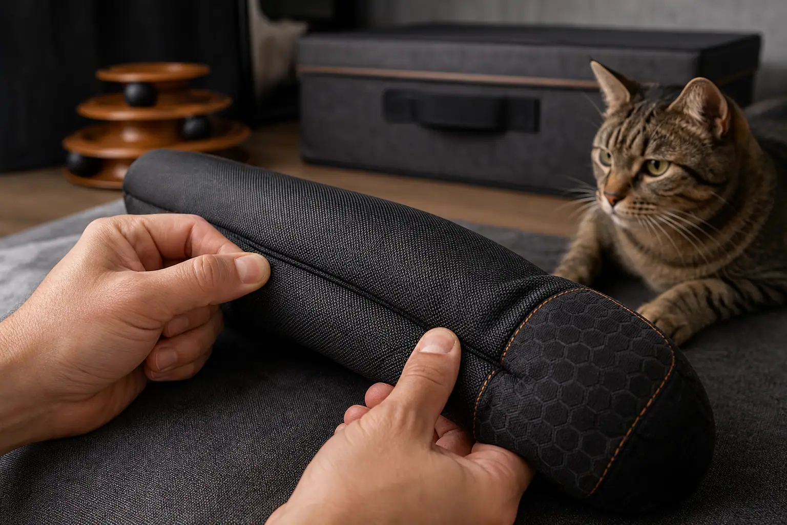 Owner checking an adult cat toy for loose seams and damaged parts