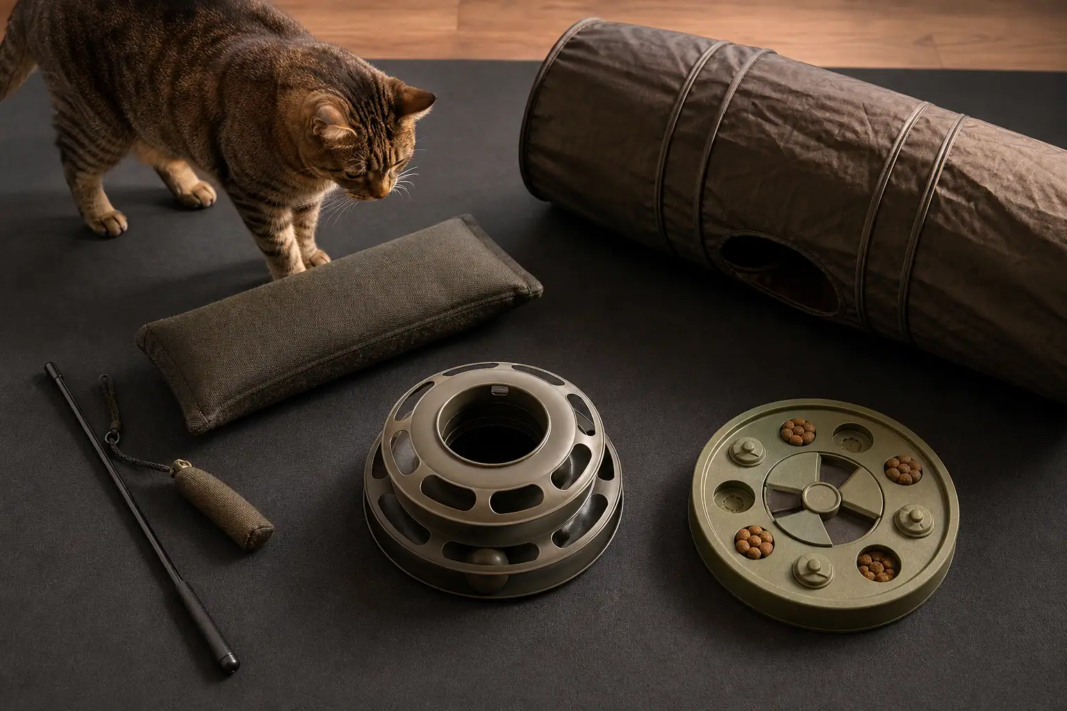 Five types of adult cat toys arranged as a balanced play kit
