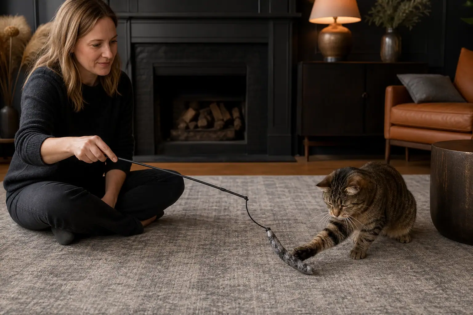 Owner guiding a textured wand lure along the floor for a blind cat