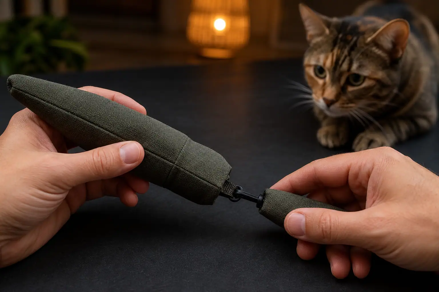 Hands checking a cat kicker toy and wand lure for loose seams before play