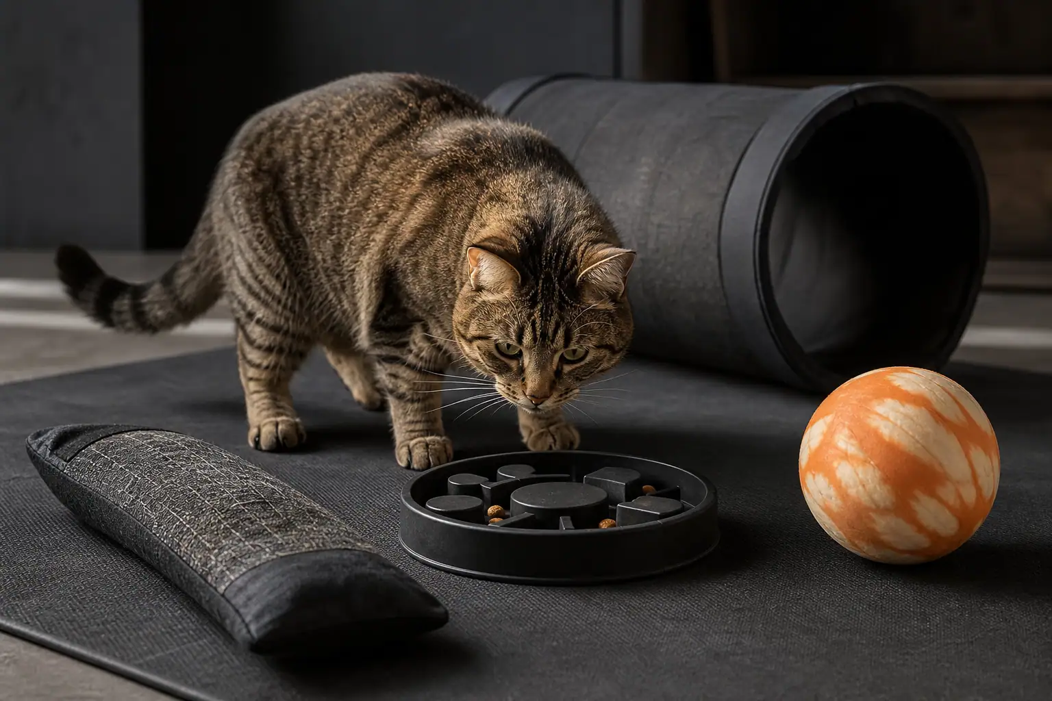 Tabby cat exploring a play setup with a kicker, puzzle feeder, and high-contrast ball