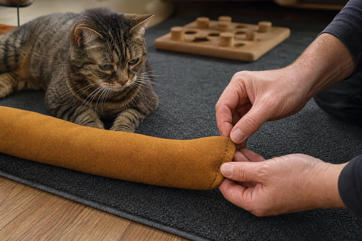 Owner inspecting a senior cat kicker toy beside a nonslip play area