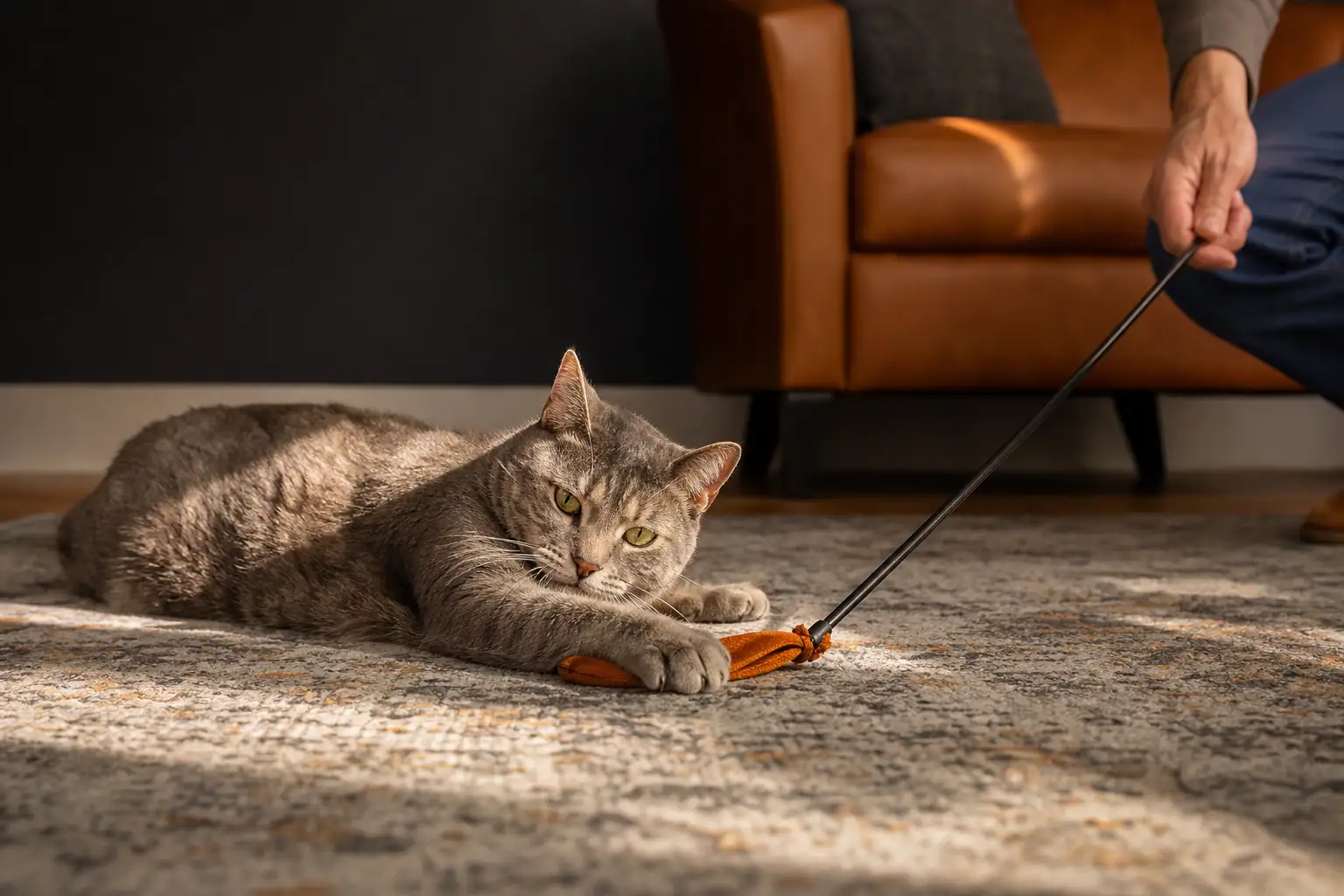 Older cat catching a fabric lure during gentle floor-level play