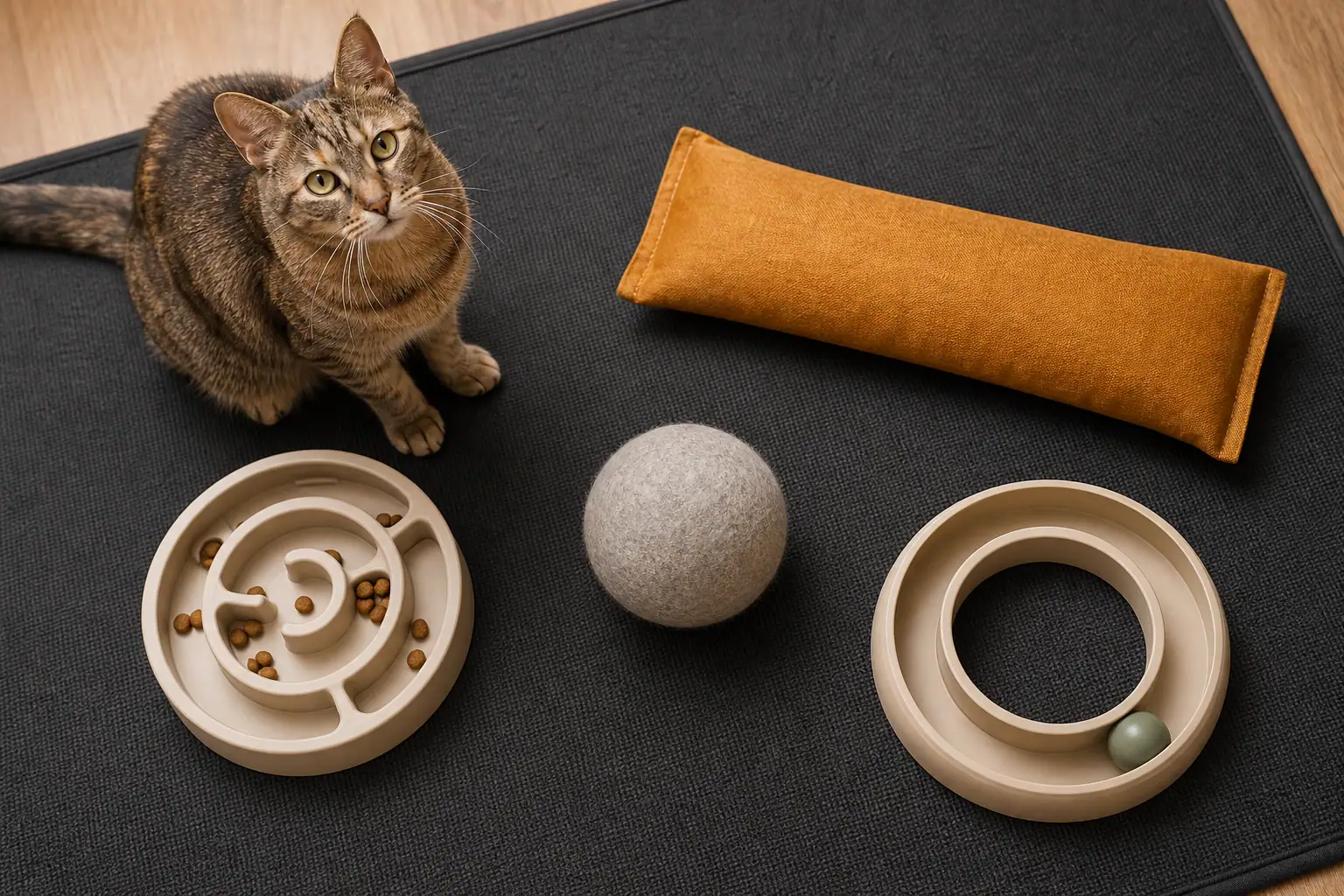 Senior cat beside a low-impact toy kit on a nonslip mat