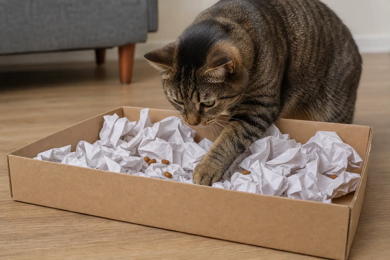 Cat pawing through a homemade foraging box with paper and kibble