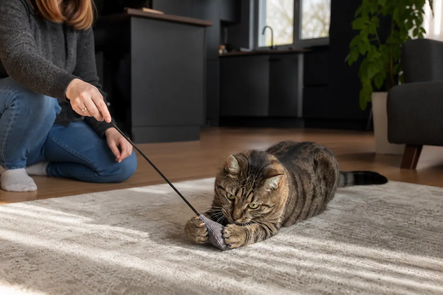 Cat catching a sturdy wand lure at the end of a short play session