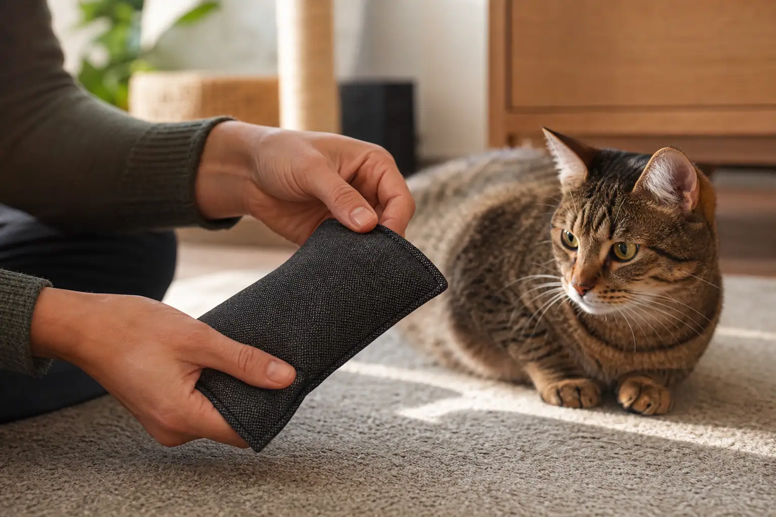 Owner inspecting a durable fabric cat toy after play