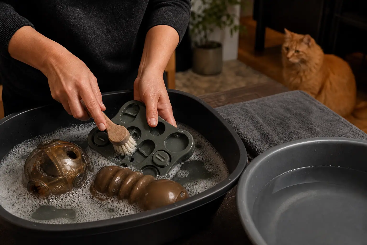 Hard cat toys being scrubbed with warm soapy water