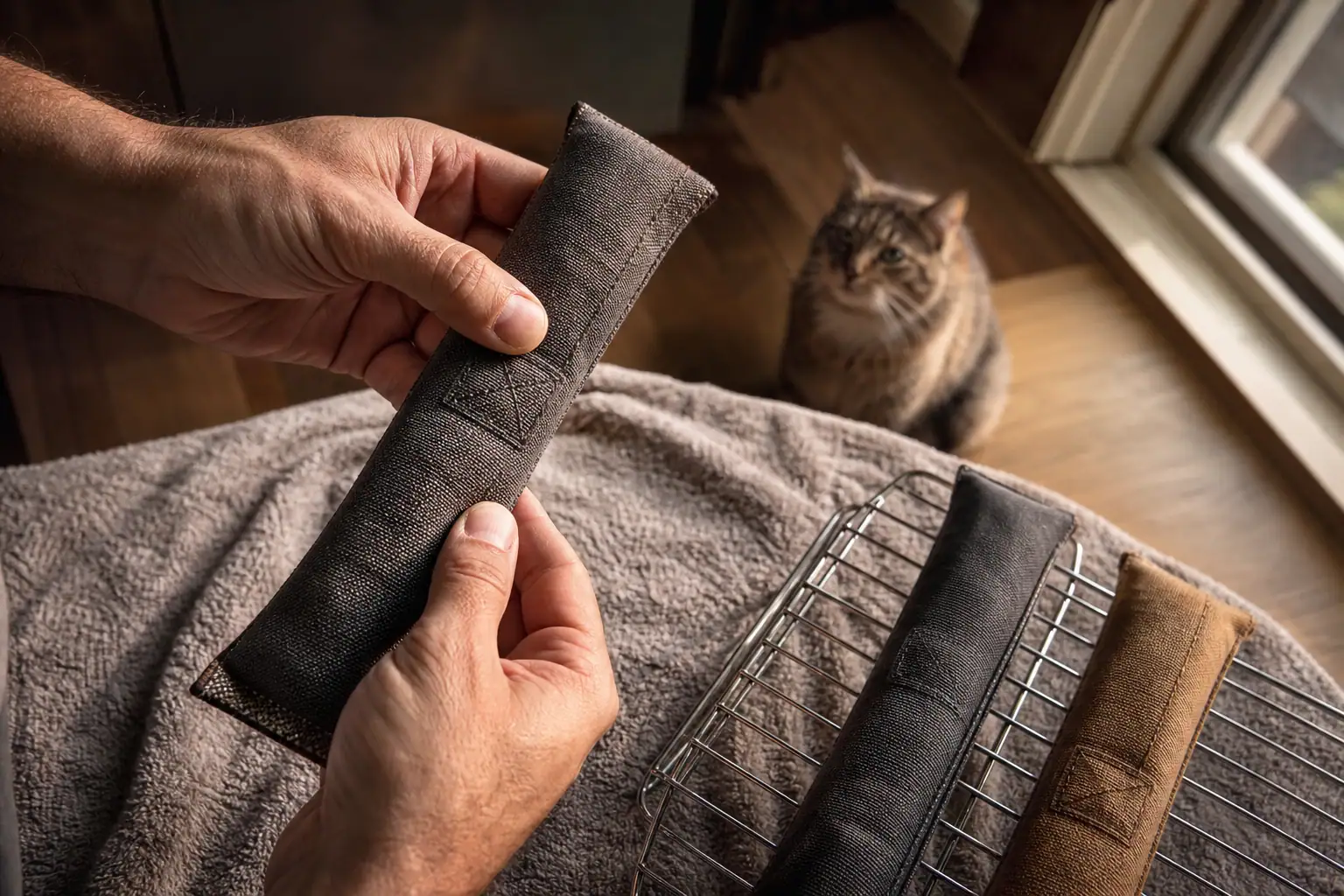 Clean fabric cat toy being checked at the seams while drying