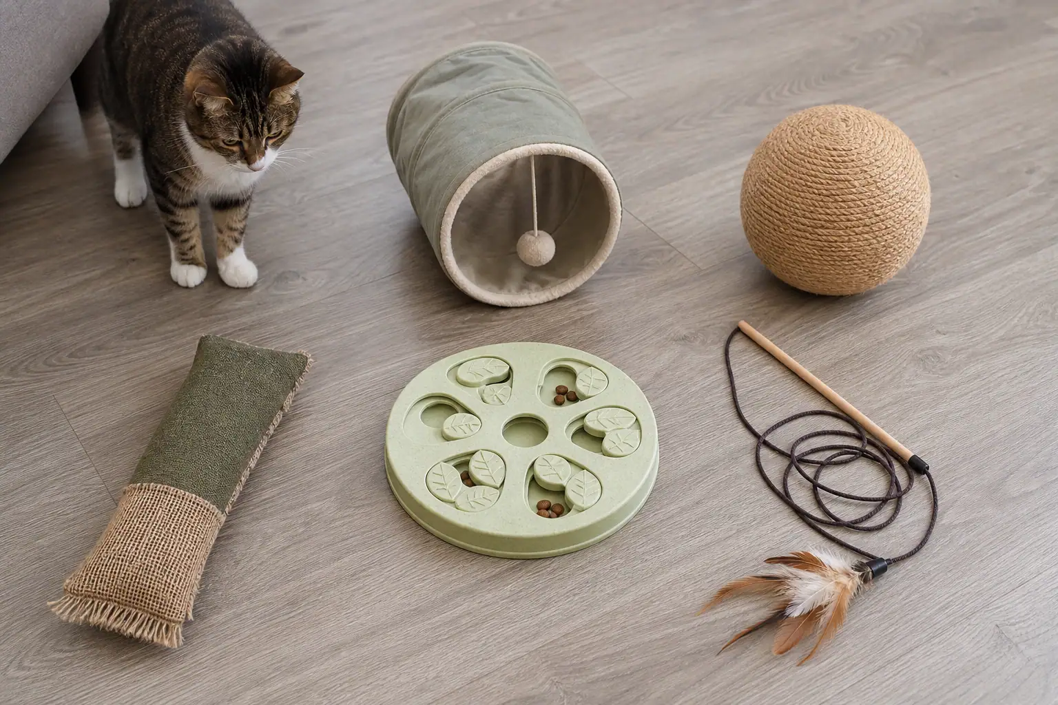 Indoor cat enrichment toy rotation with kicker, puzzle feeder, wand, tunnel, and ball