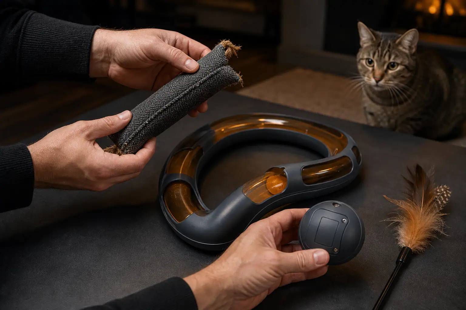 Hands checking cat toys for loose seams, cracked plastic, and an insecure battery cover