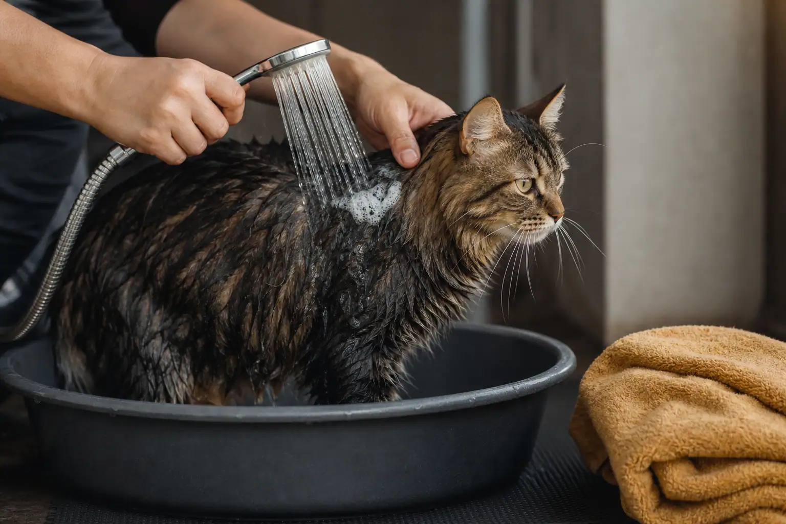 Owner rinsing soap residue from a cat with clean lukewarm water