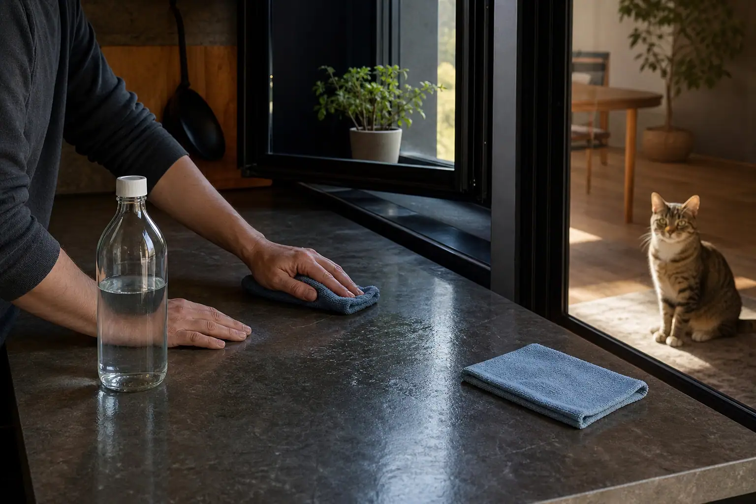 Owner wiping and rinsing a hard surface while a cat stays in another room