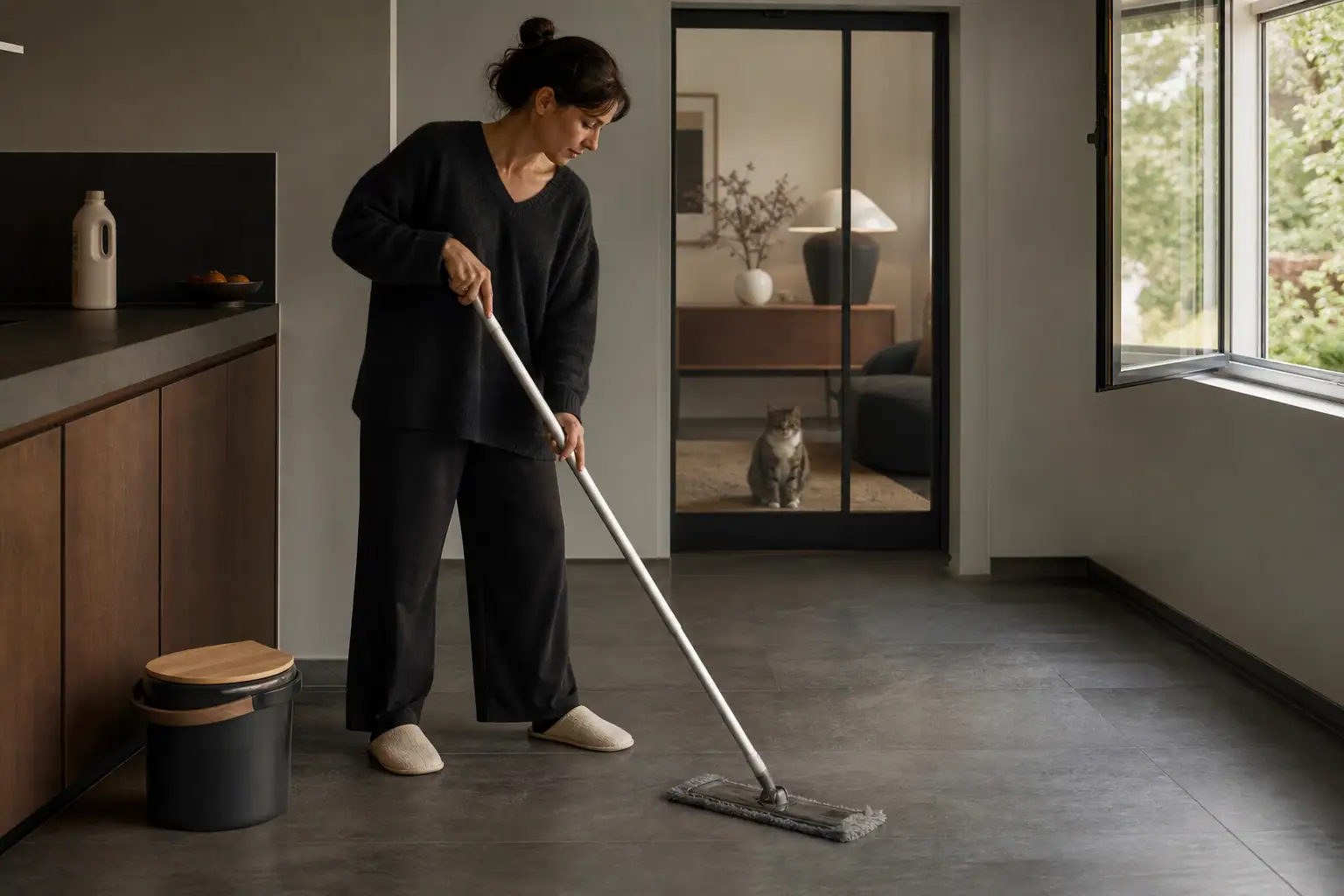 Freshly mopped floor drying while a cat waits behind a closed glass door