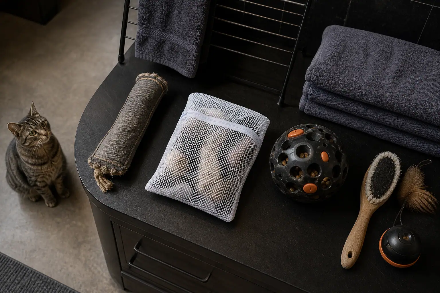 Cat toy cleaning station with a frayed fabric toy ready to retire