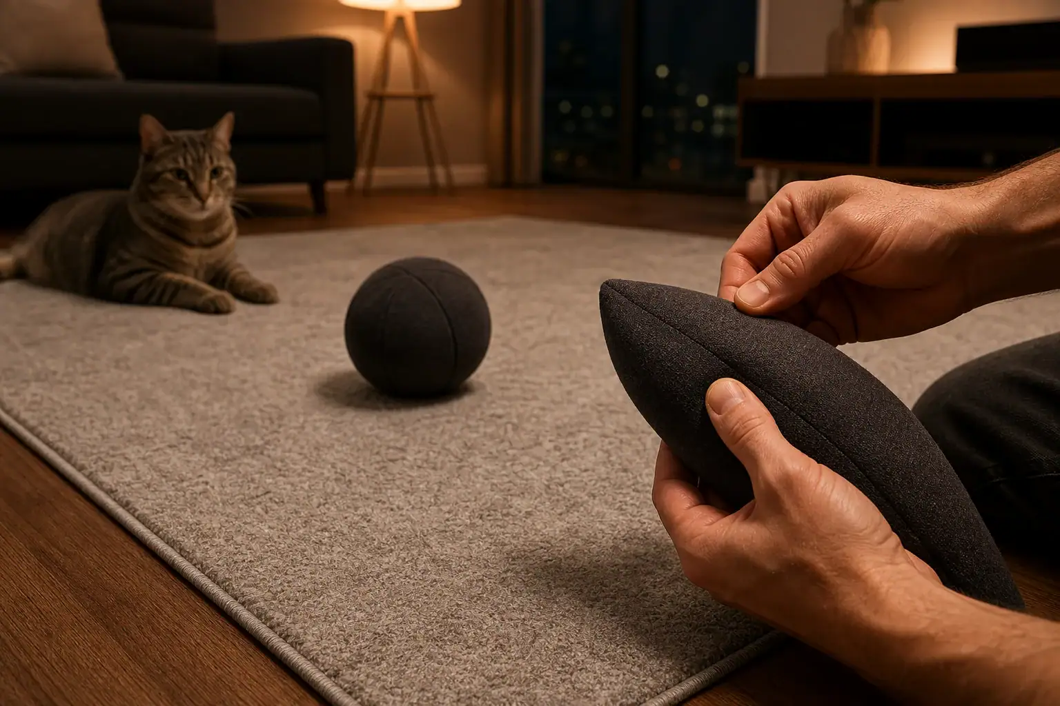 Owner checking a quiet cat toy beside a clear rug play zone