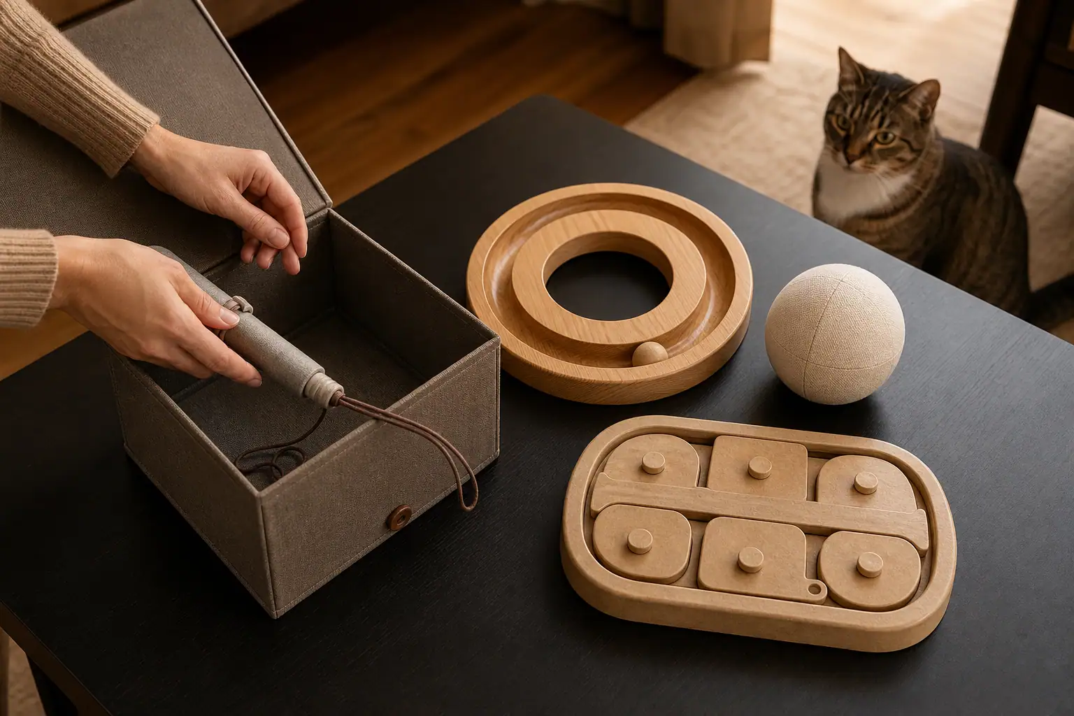Hands sorting safer leave-out cat toys from a corded wand toy