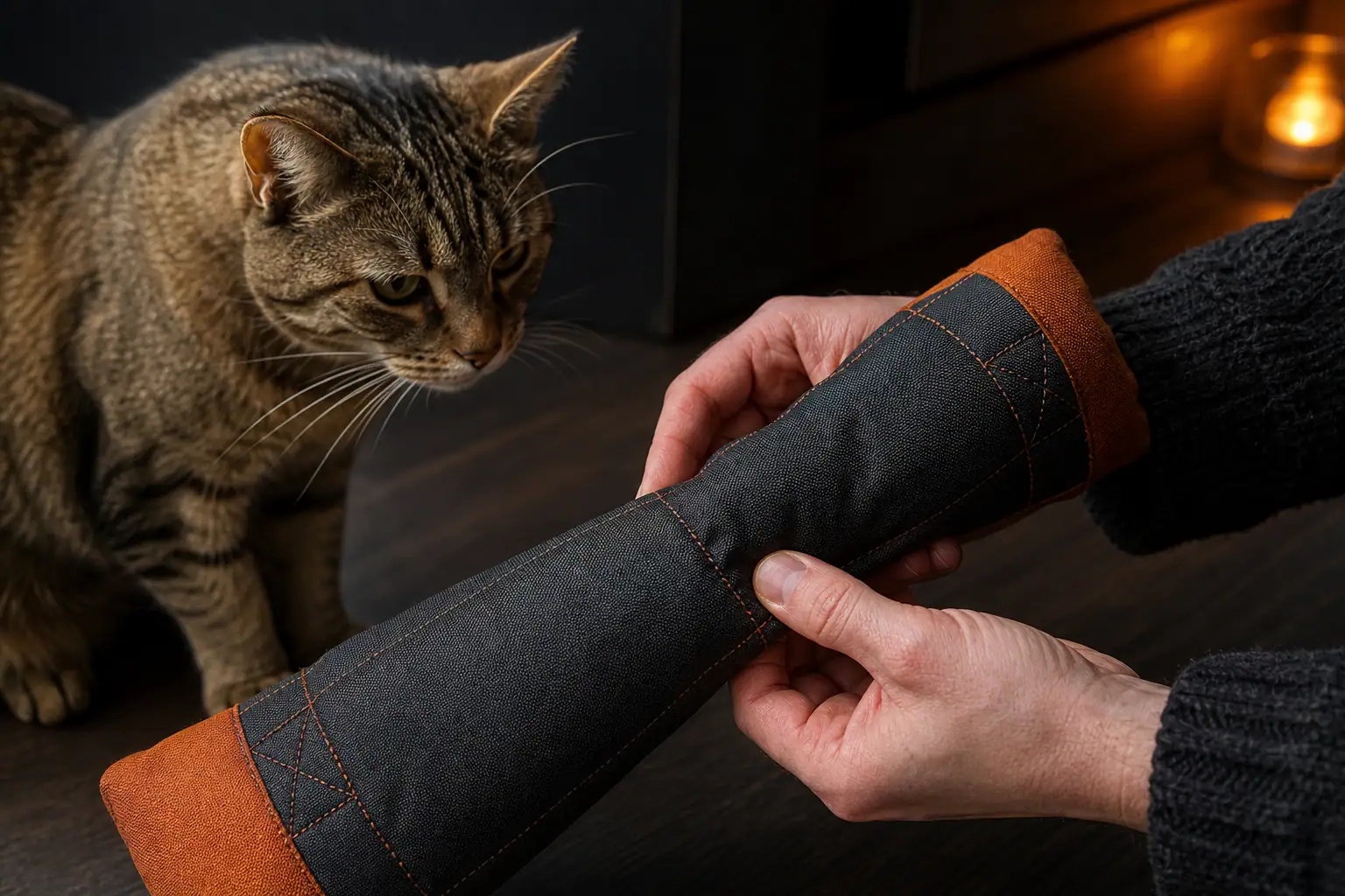 Hands checking a sturdy cat kicker for torn seams after rough play
