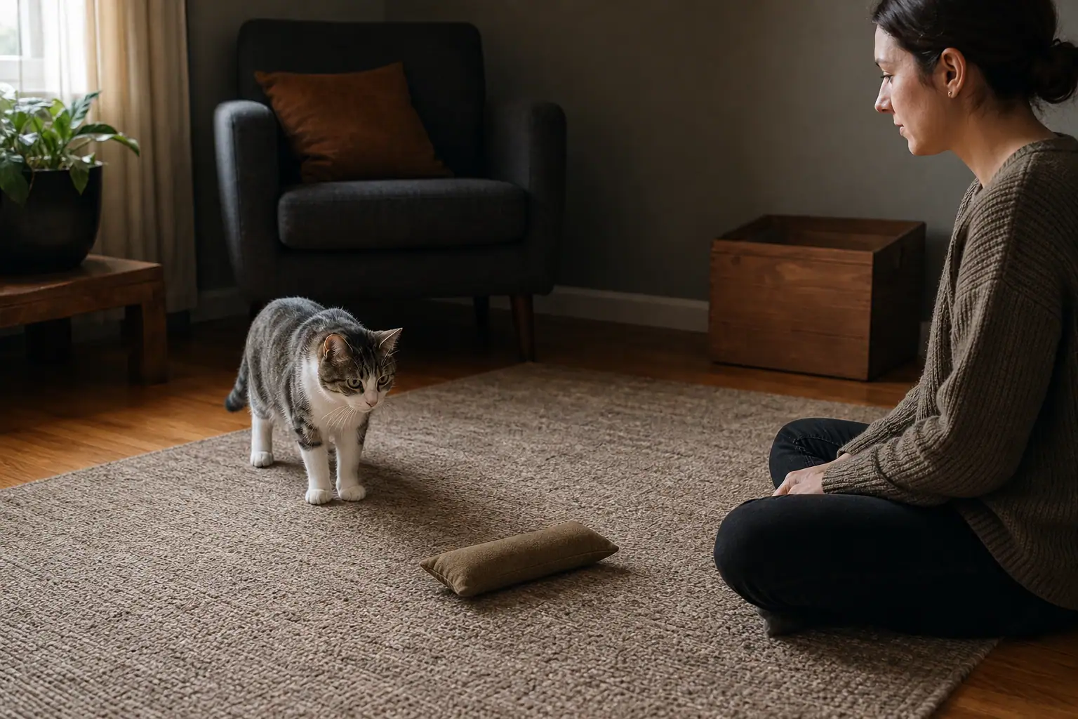 Cat calmly testing one sensory toy in a clear play area