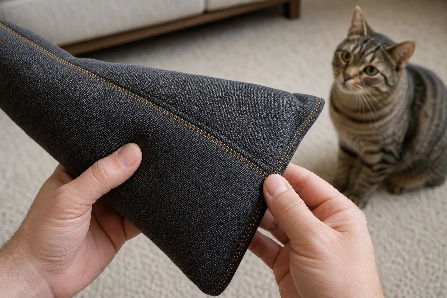 Hands inspecting a cat toy seam before supervised play