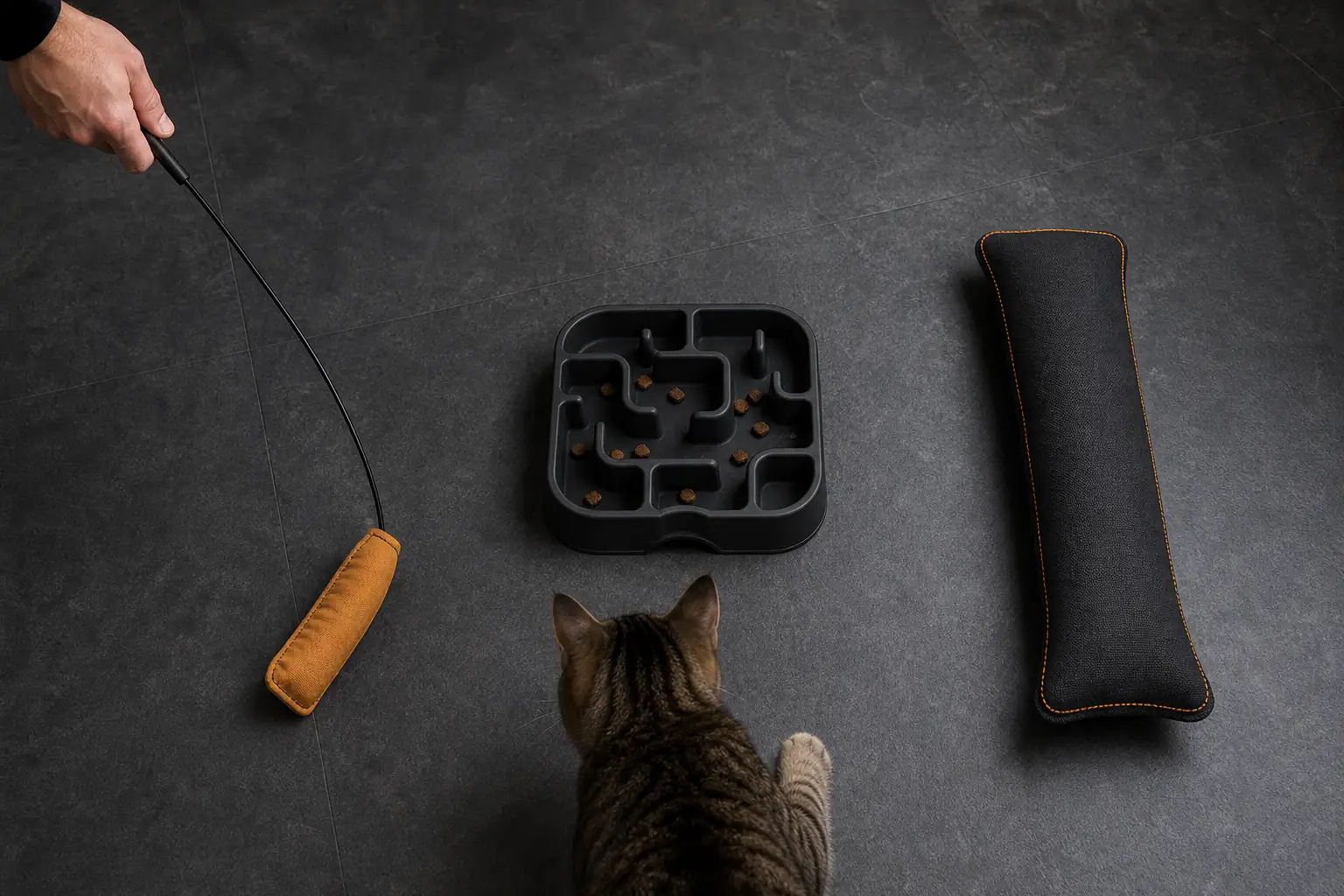 Three-part sensory play kit with a chase toy, food puzzle, and sturdy kicker