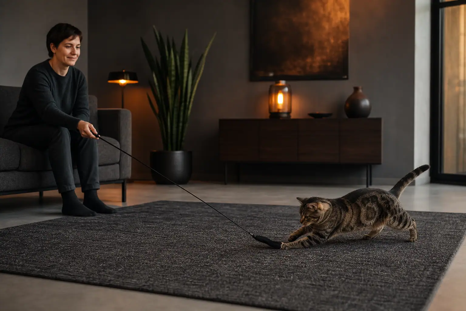 Owner moving a wand toy away from a cat across a clear play area