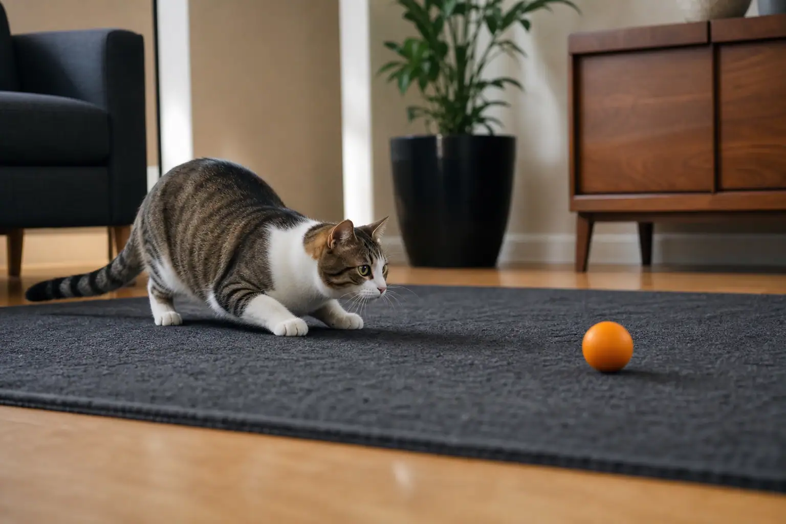 Cat crouching loosely and watching a toy during a play invitation